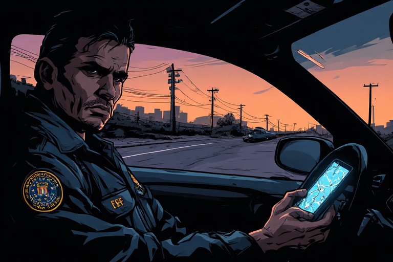 Agente del FBI en su coche observando la carretera