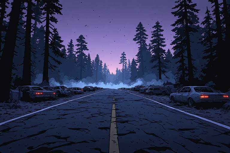 Carretera solitaria con vehículos abandonados