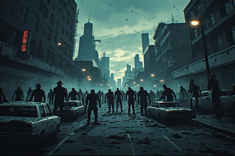 Horda de zombis vagando por las calles al atardecer