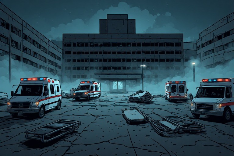 Hospital siniestro a oscuras con ambulancias volcadas
