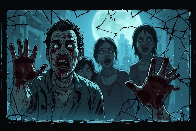 Familia infectada golpeando cristal ensangrentado