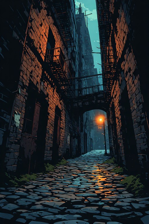 Callejón oscuro con cuerpos