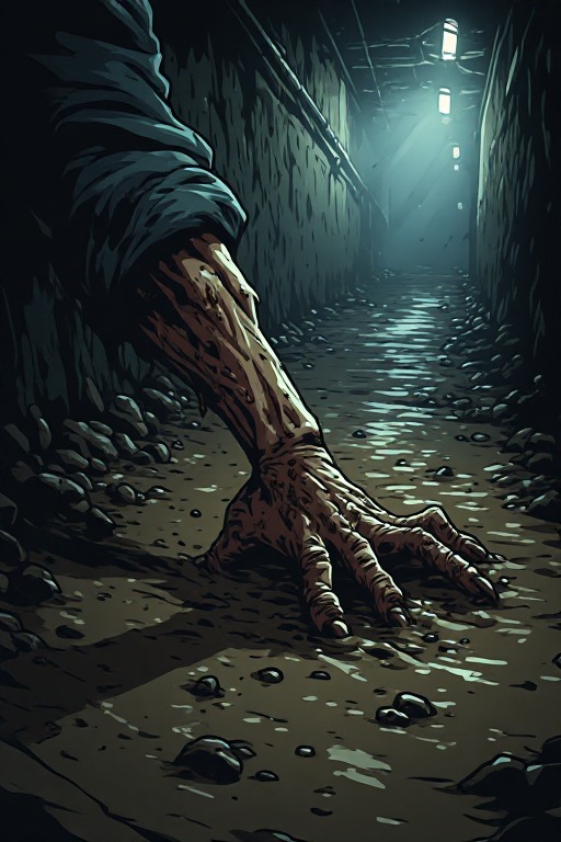 Infected arm emerging from muddy tunnel floor with dark cinematic lighting