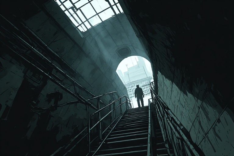 Dark underground sewer ladder with ominous silhouette above, post-apocalyptic horror atmosphere