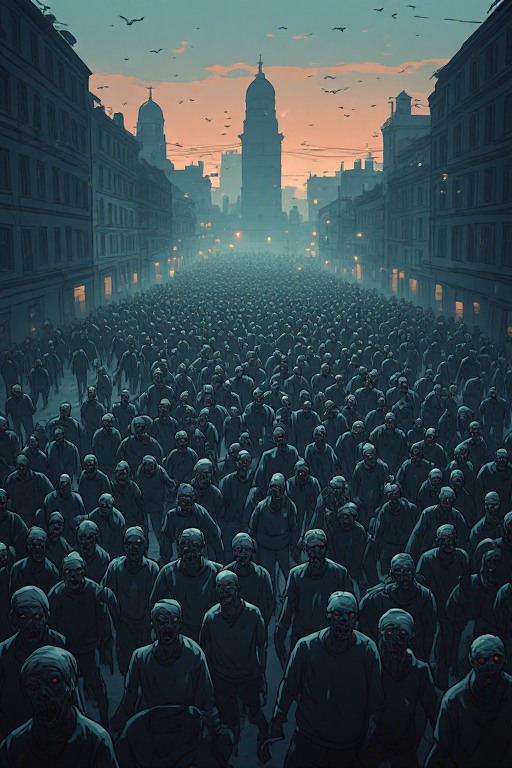 Massive horde of zombies moving in synchronized migration across a city plaza, desaturated tones