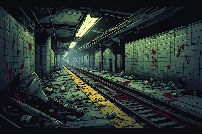 Abandoned underground train station platform covered in debris and blood splatters, cinematic horror lighting
