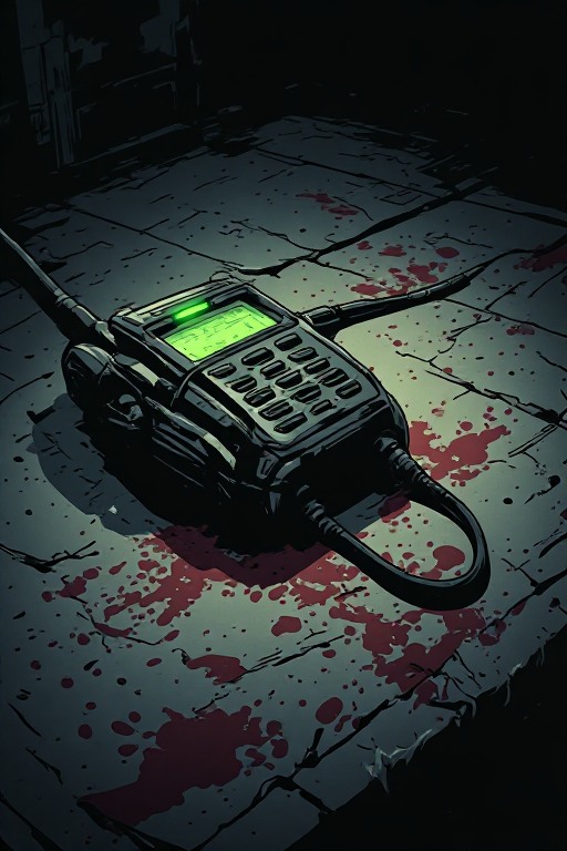 Military walkie talkie glowing on a bloody concrete floor in a dark underground station