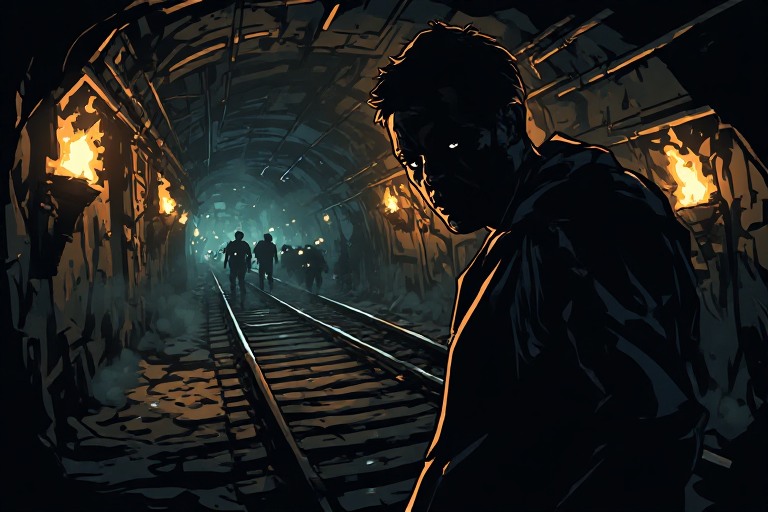 Dark industrial train tunnel with glowing torches and pale zombie eyes approaching from the shadows