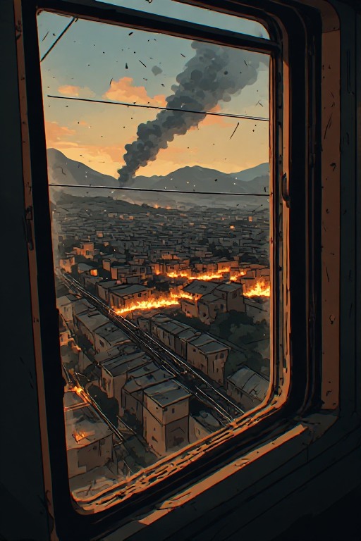 View from a moving freight train window looking out at a burning Spanish countryside landscape at twilight