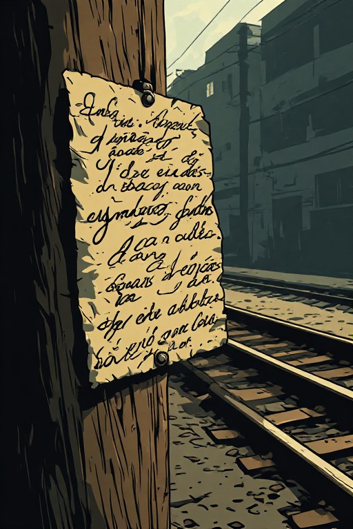 Close up of a handwritten suicide note pinned to a wooden post near railway tracks, dramatic lighting