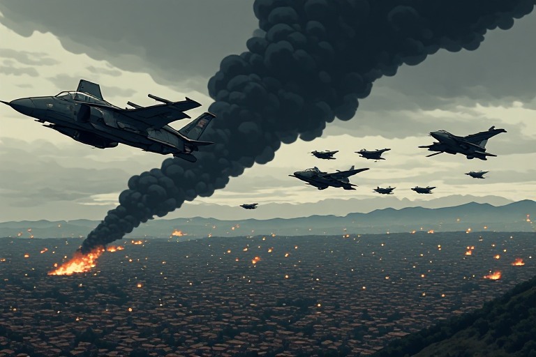 Military jets flying over a dramatic horizon with dark smoke columns rising from distant cities in Spain