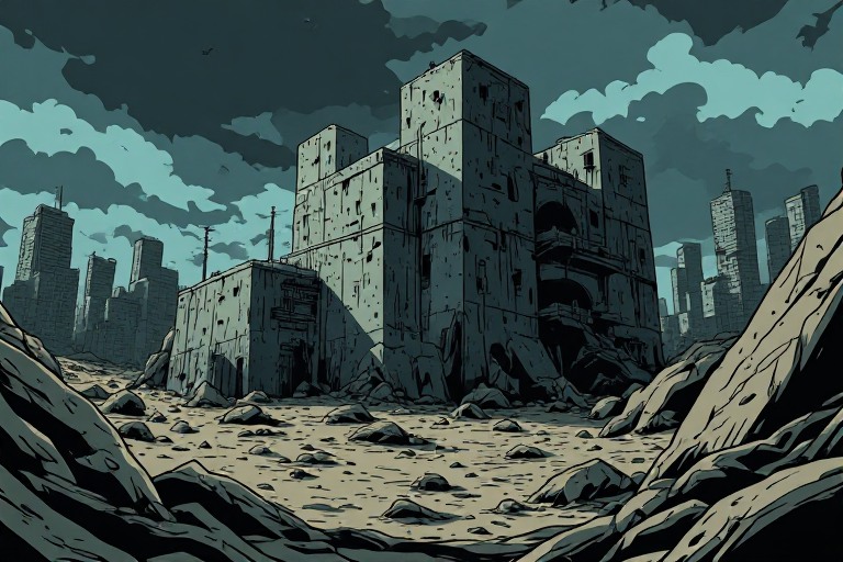 Large concrete and steel military bunker exterior fortress in a desolate landscape under dark skies