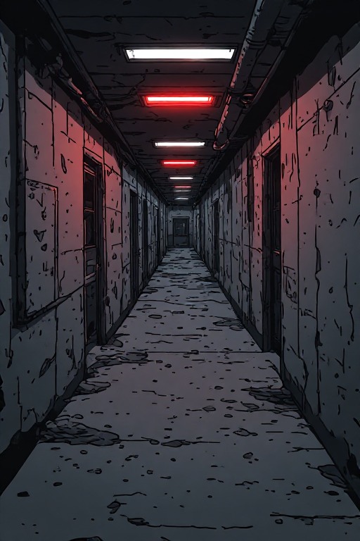 Dark military bunker hallway illuminated by emergency red lighting reflecting on concrete walls