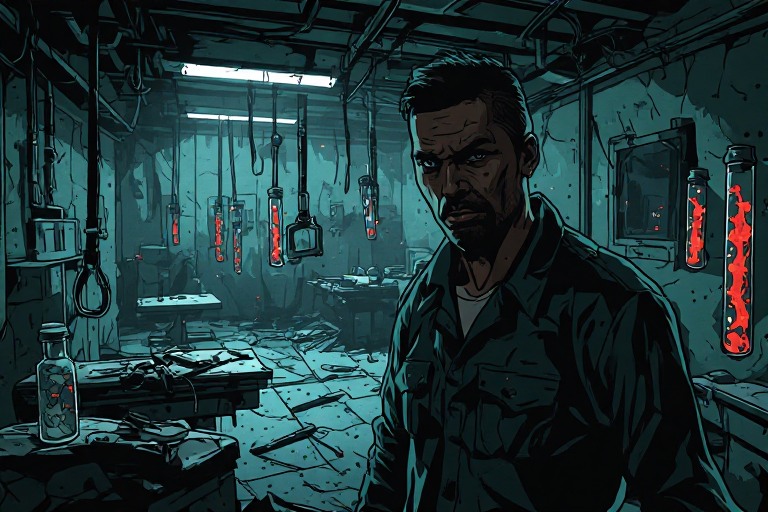 Abandoned underground military medical laboratory with broken restraints and glowing mutant tissue samples