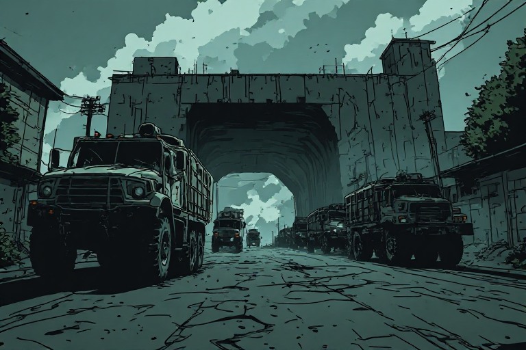 Caravan of military trucks and civilian cars driven by zombies approaching a bunker under stormy skies