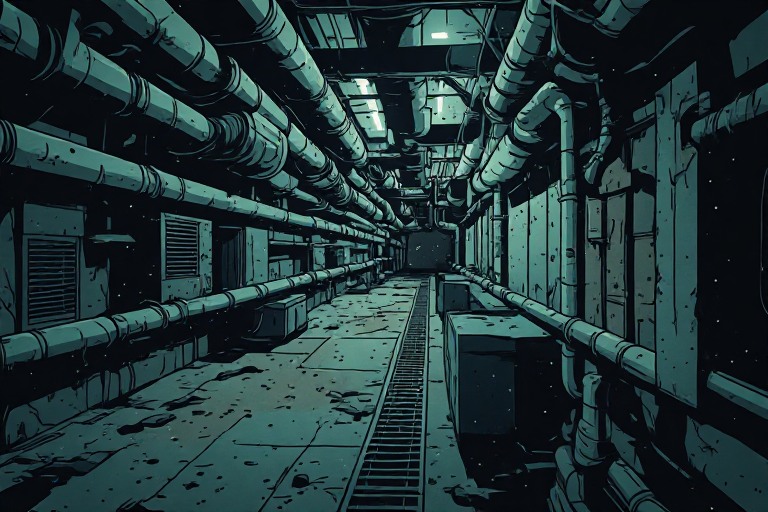Vents and pipes in underground bunker